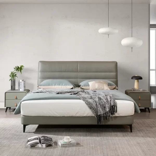 Modern Minimalism Leathaire Soft Bed ISB-023 & Bedside Table IB-014 (gray)